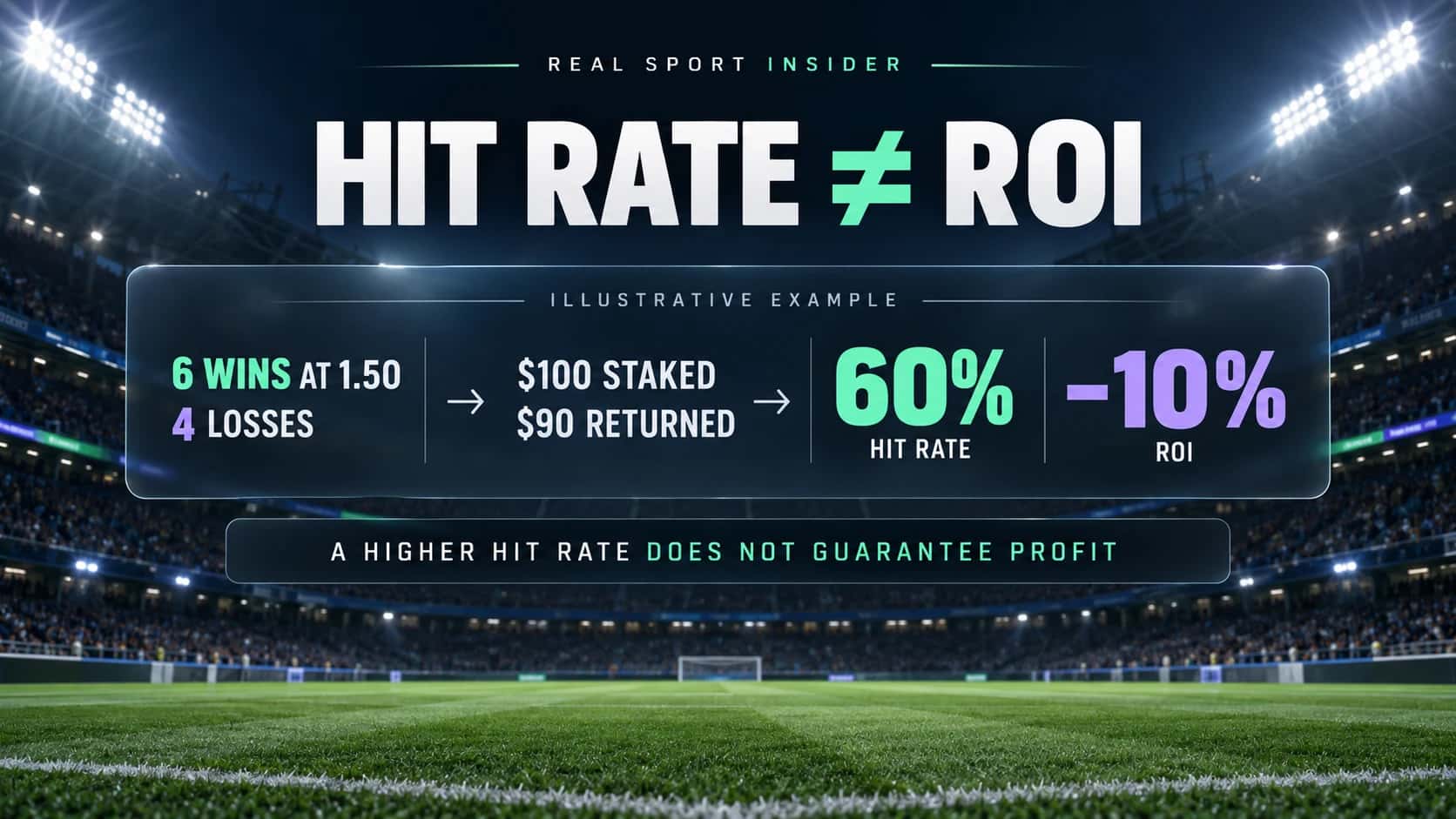 Hit rate versus ROI: six wins at decimal odds 1.50 and four losses produce a 60% hit rate but a -10% ROI in an illustrative $100 example.