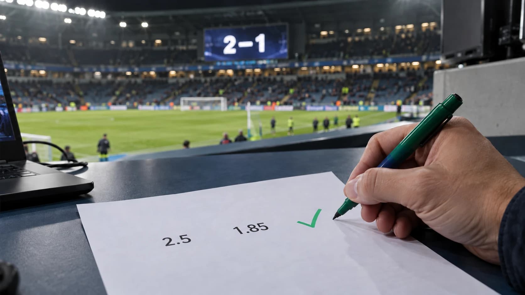 Partido: Example FC vs United. Selección: Más de 2.5 goles. Cuota guardada: 1.85. Resultado real: 2–1. Estado: Win