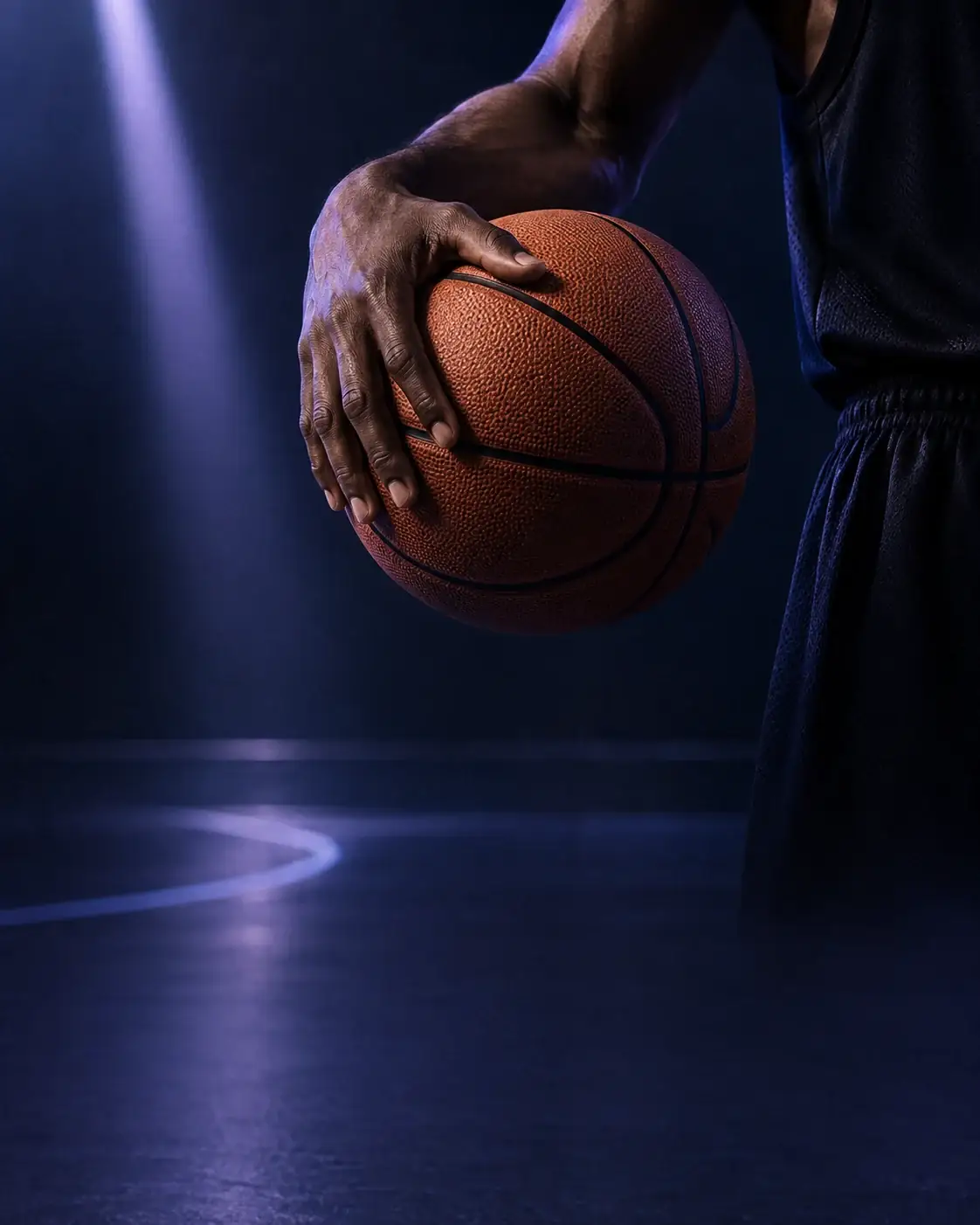 Basketball player under violet court lighting