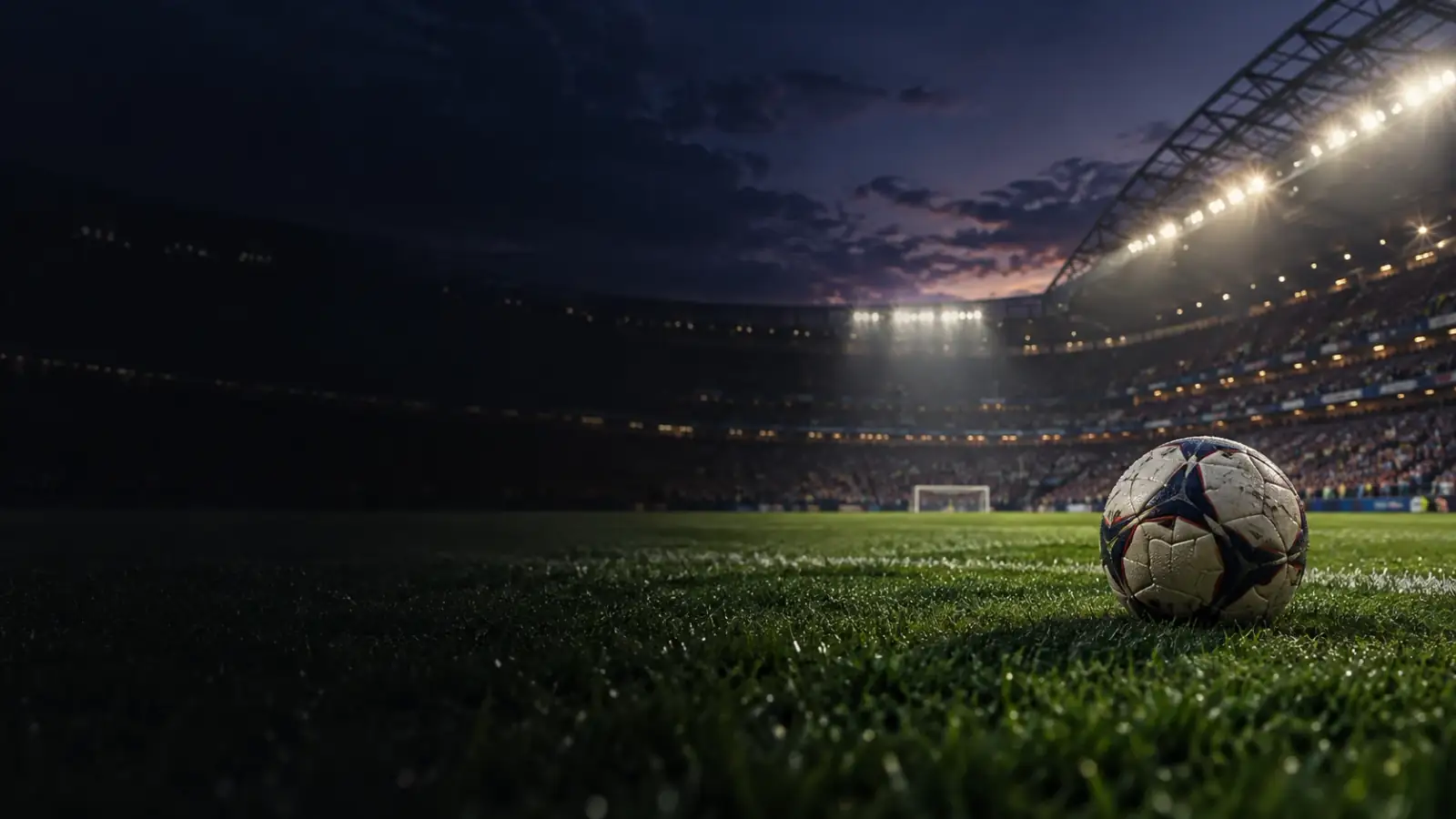 A football on the pitch beneath stadium floodlights at dusk